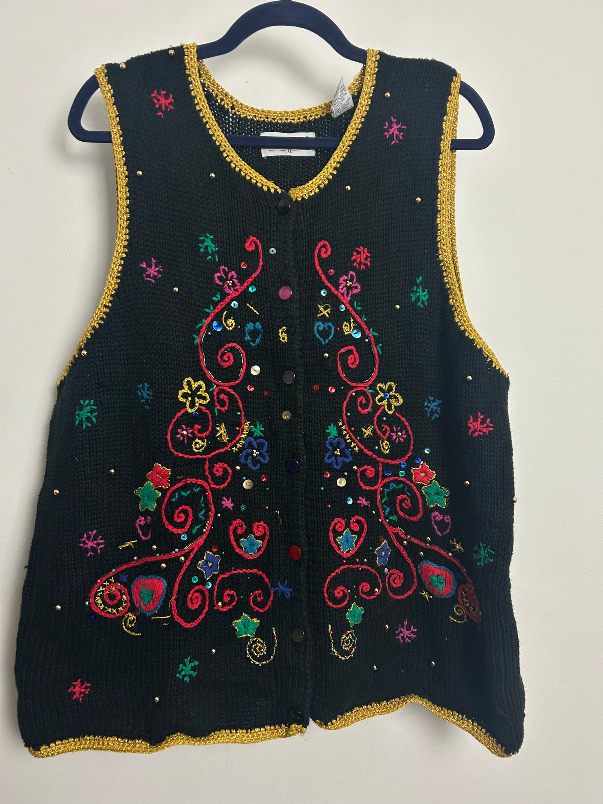Vintage 1980s WESTBOUND Black Embellished Christmas Sweater Vest Cardigan Up To 16