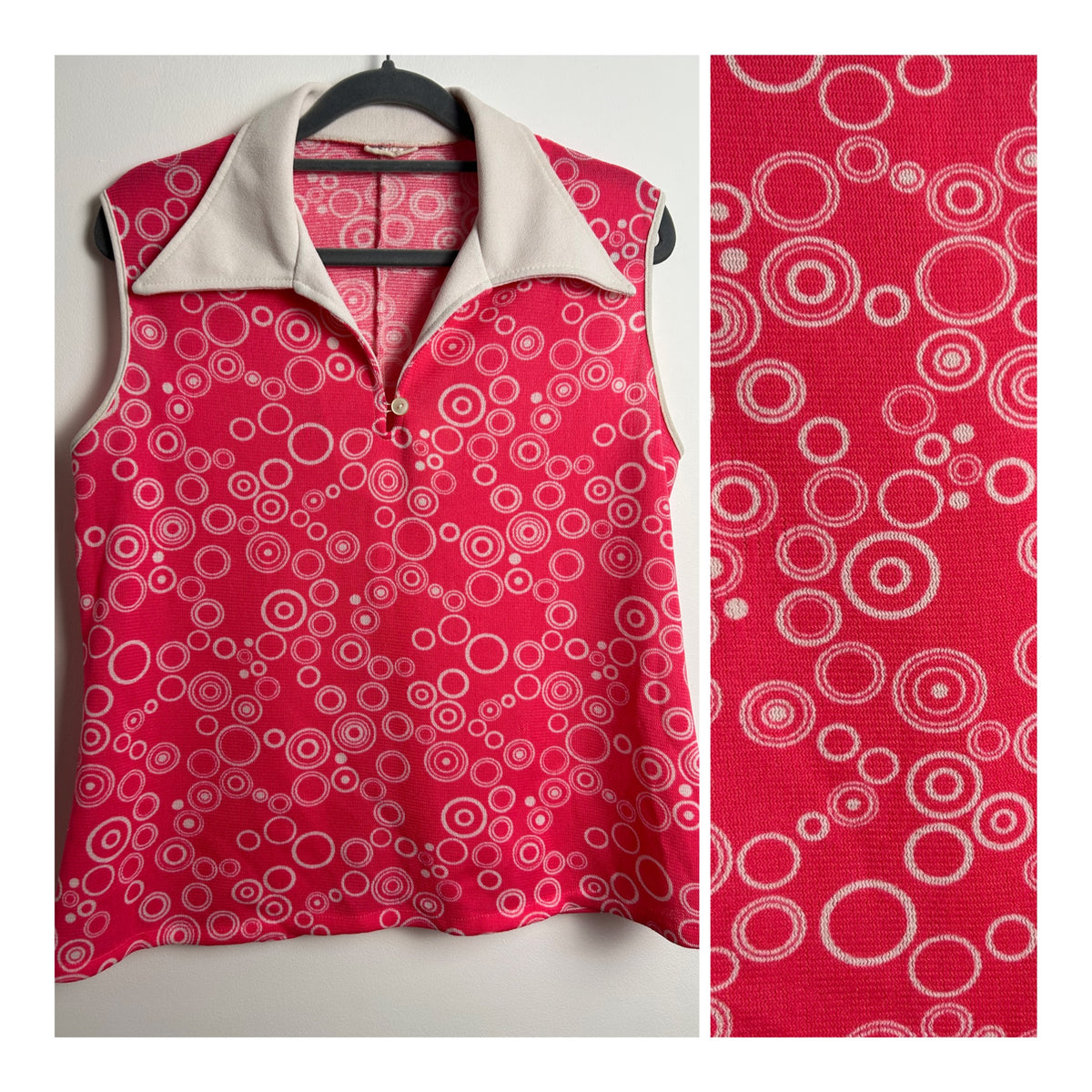 Vintage 1970s Size 10-12 Hot Pink & White Circle Print Wide White Collar Sleeveless Top