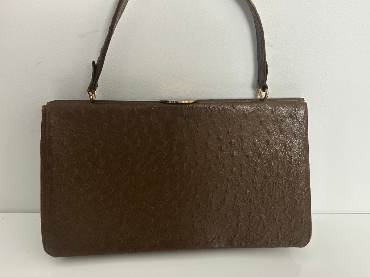 Vintage 1960s Large Brown Leather Ostrich Embossed Kelly Style Handbag