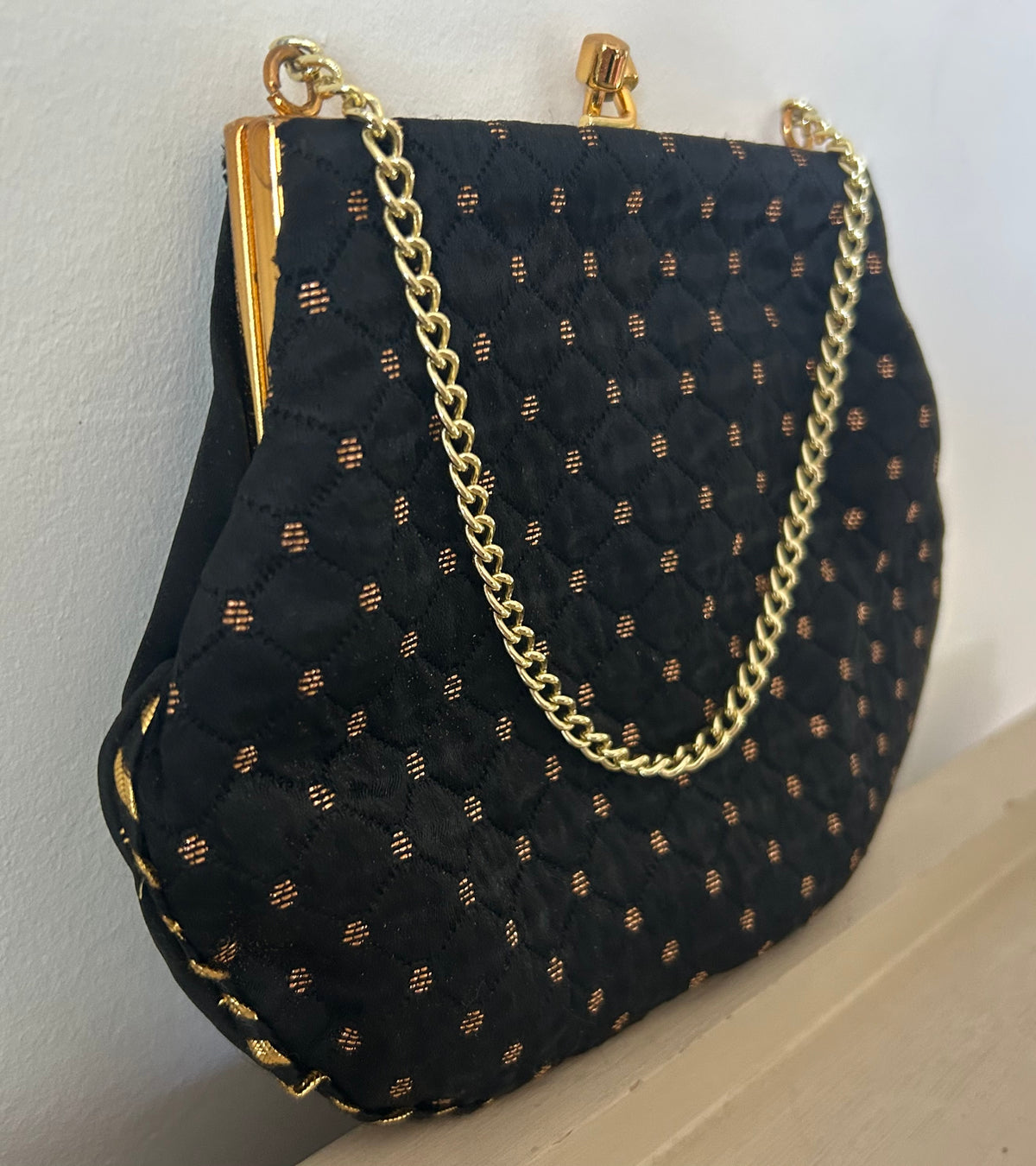 Vintage 1960s Small Black & Metallic Gold Satin Fabric Evening Bag With Chain Handle