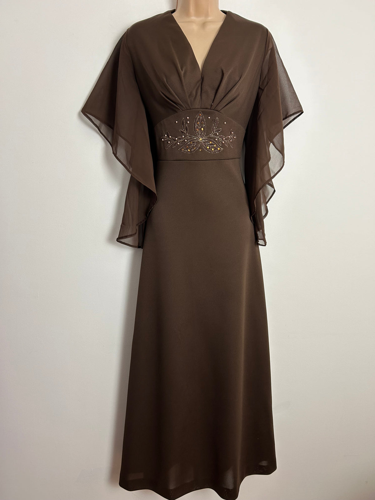 Vintage 1970s UK Size 12 Chocolate Brown Chiffon Flared Sleeve Stitch Bead & Diamante Embellished Occasion Maxi Dress