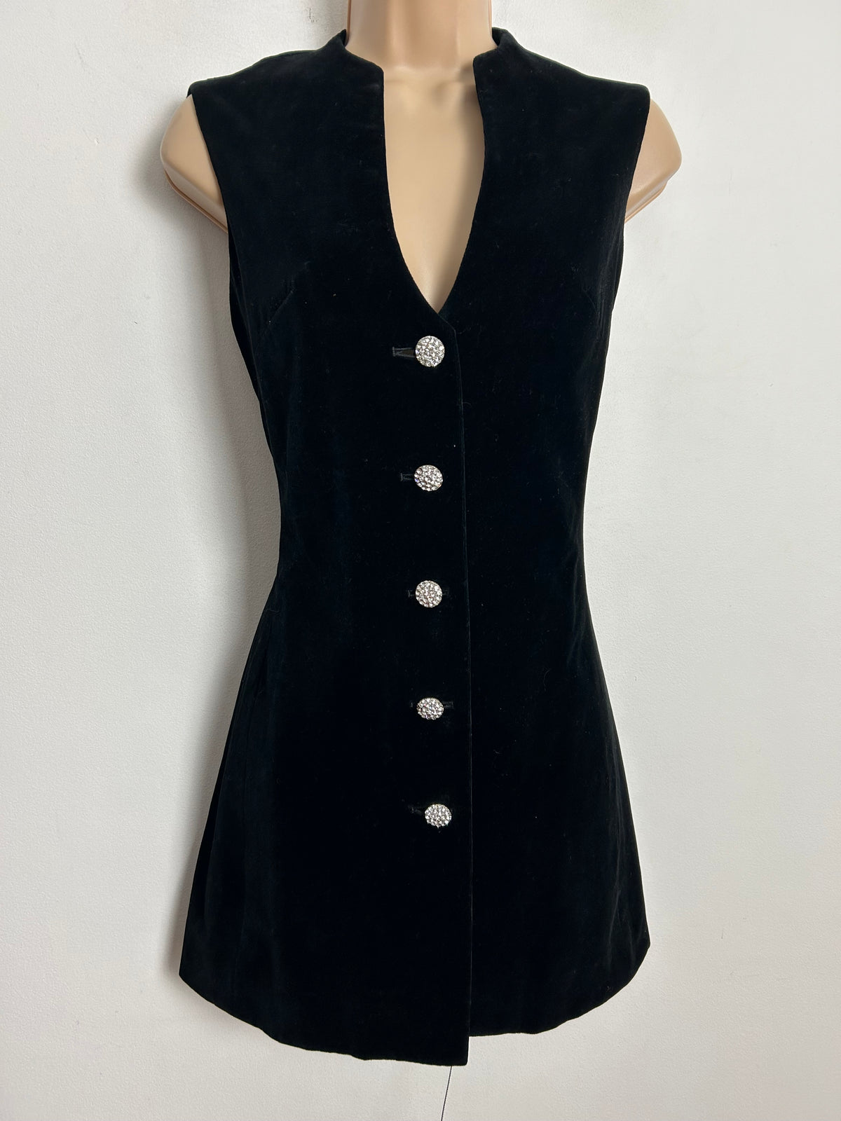 Vintage 1960s UK Size 8-10 Black Velvet Sleeveless Diamante Button Mini Mod Shift Dress