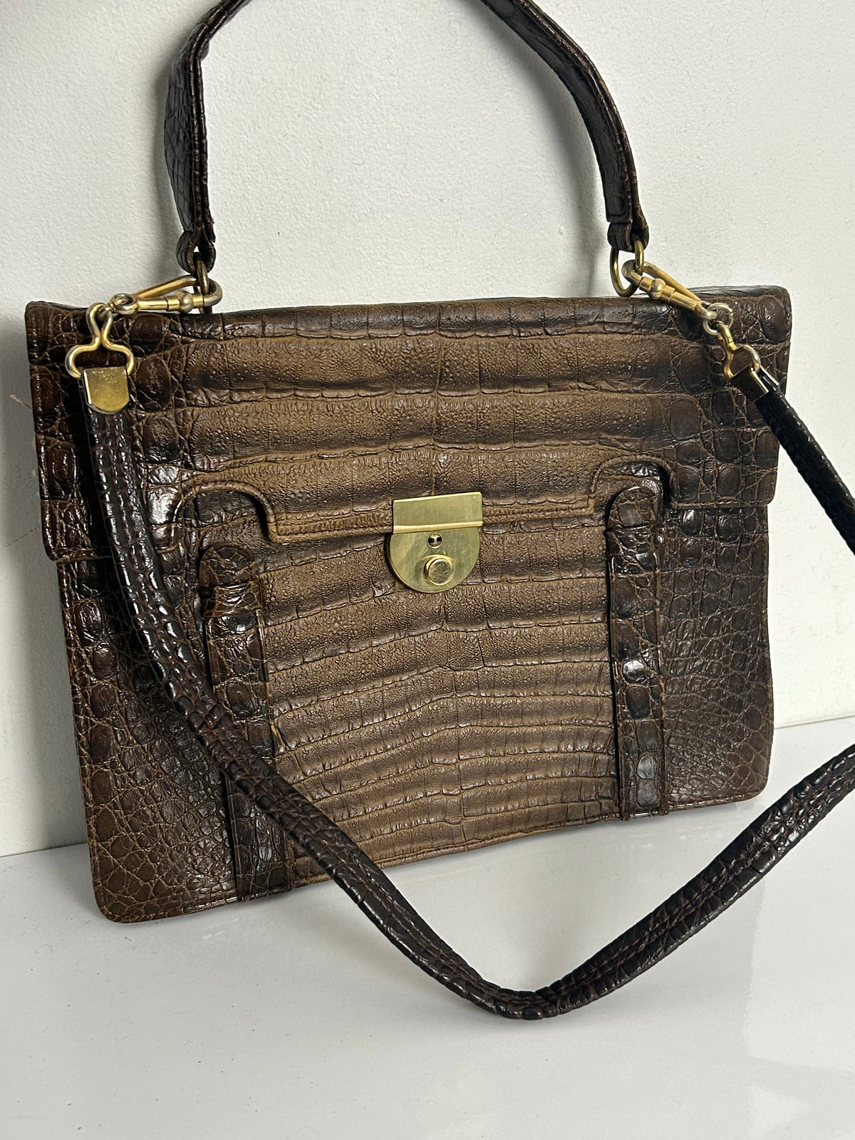 Vintage 1970s Large Brown Real Leather Mock Croc Handbag