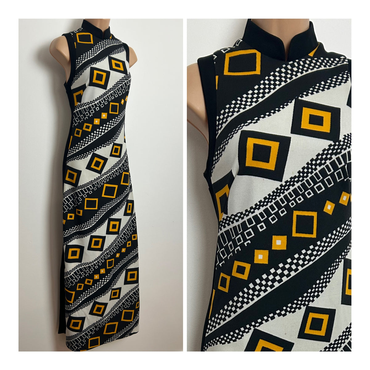 Vintage Early 1970s AMAZING Size 6-8 White Black & Yellow Geometric Print Column Maxi Dress