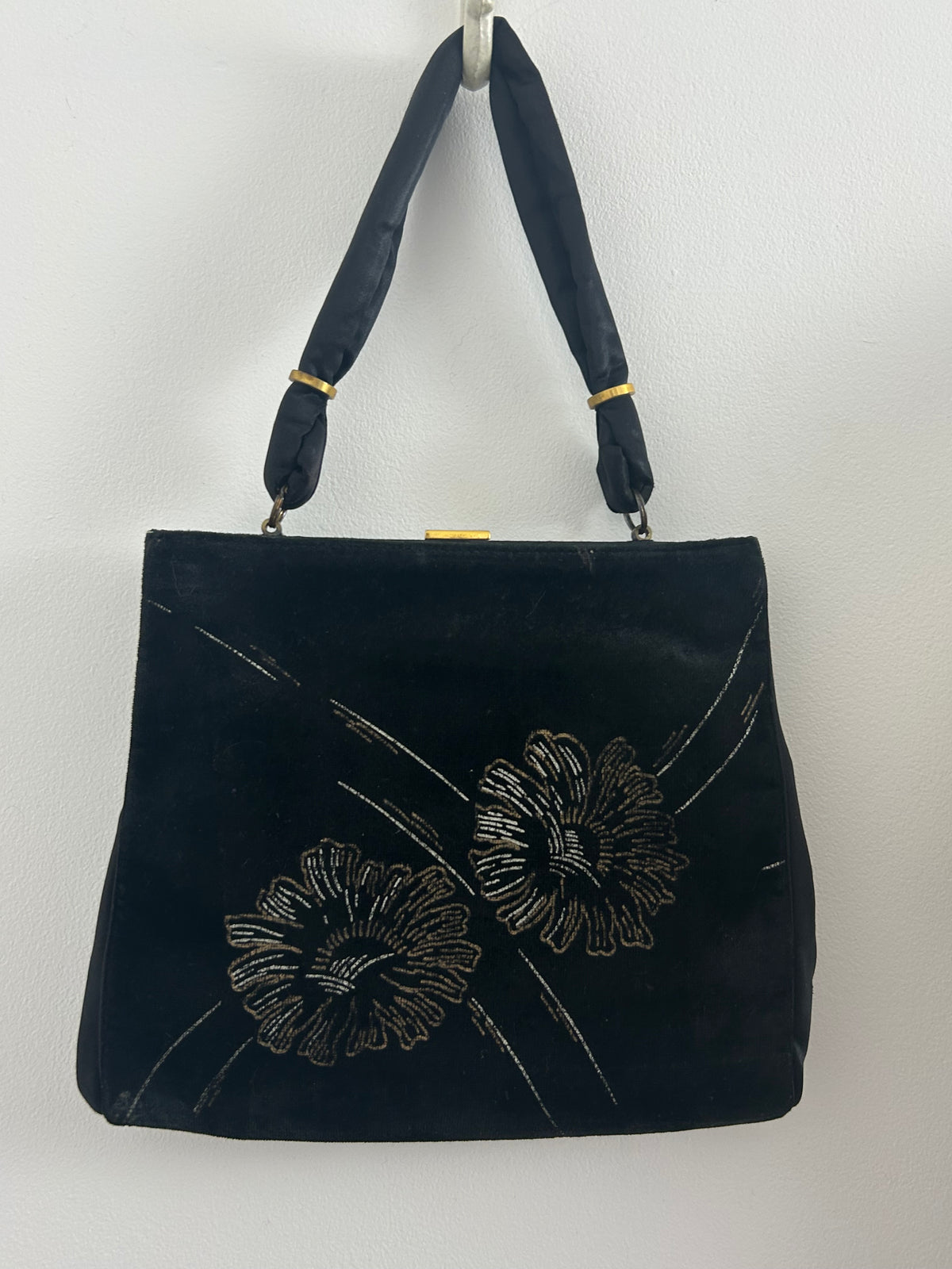 Vintage Early 1950s WALDYBAG Black Velvet Hand Painted Silver & Gold Floral Pattern Cocktail Handbag