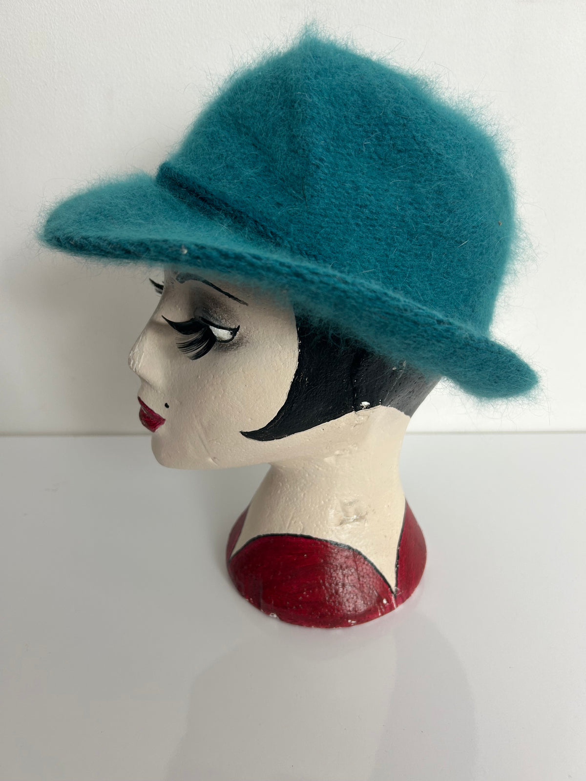 Vintage Teal Green Angora Mix Braid Trim Tie Detail Fedora Style Hat