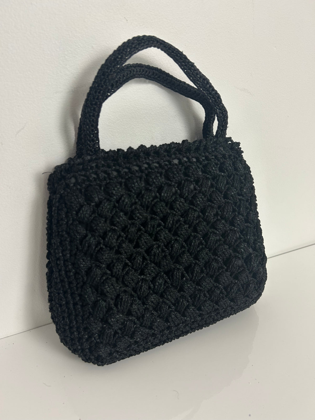 Vintage 1960s Gorgeous Black Crochet Woven Style Top Handle Kelly Style Handbag
