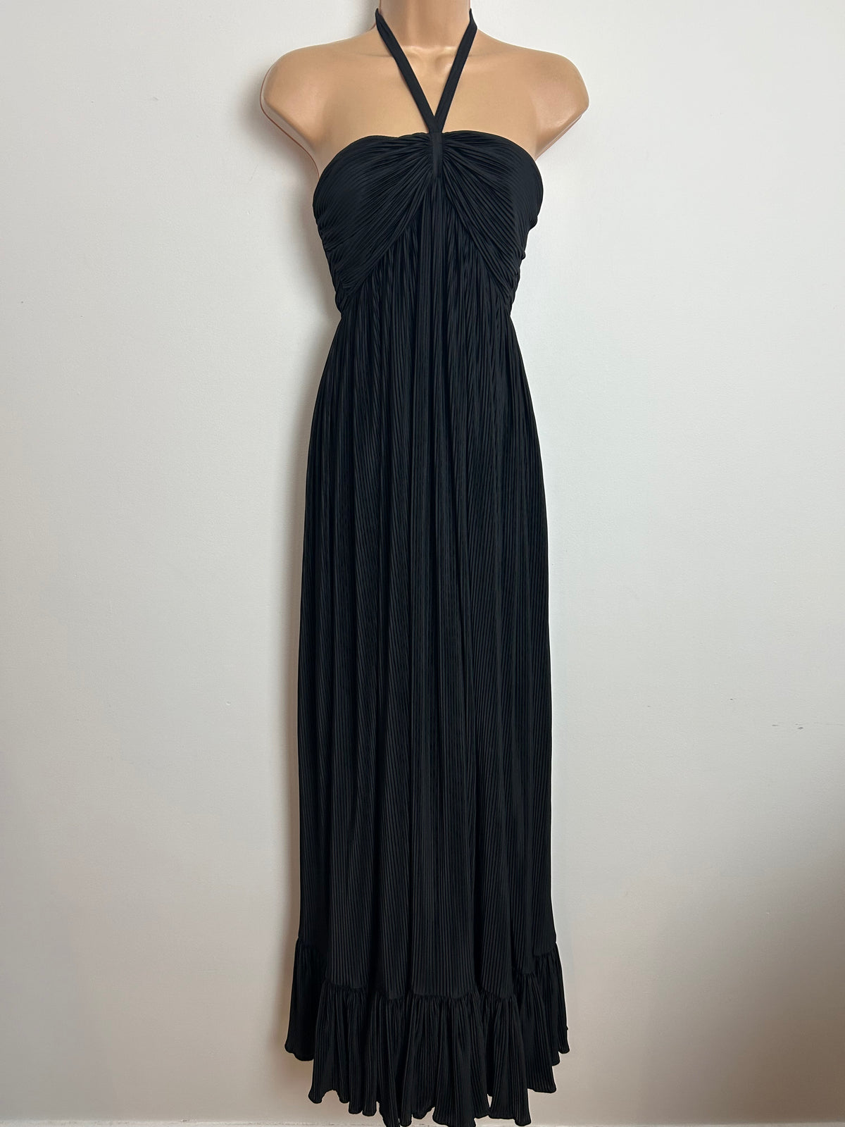 Vintage 1970s Size 8 Black Plisse Pleated Halter Open Back Empire Line Occasion Maxi Dress