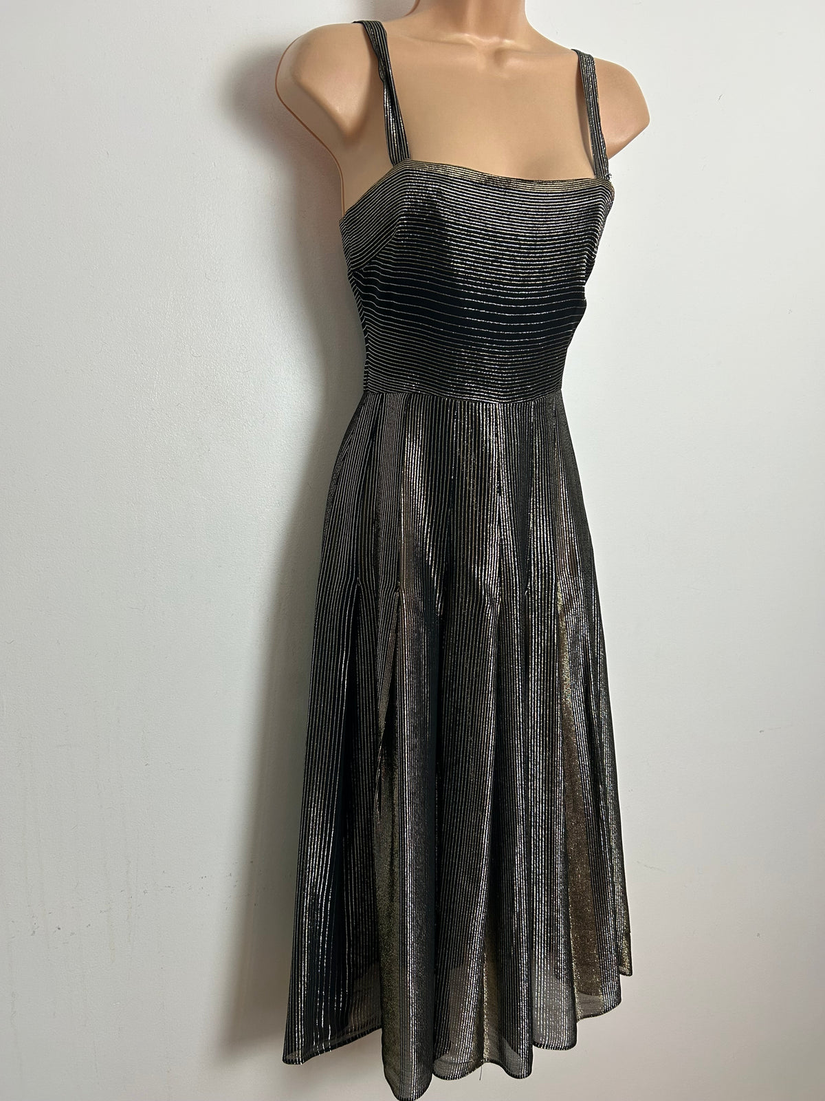 Vintage RARE 1970s SUJON Size 6 Black Pinstripe Lurex Christmas Party Evening Dress