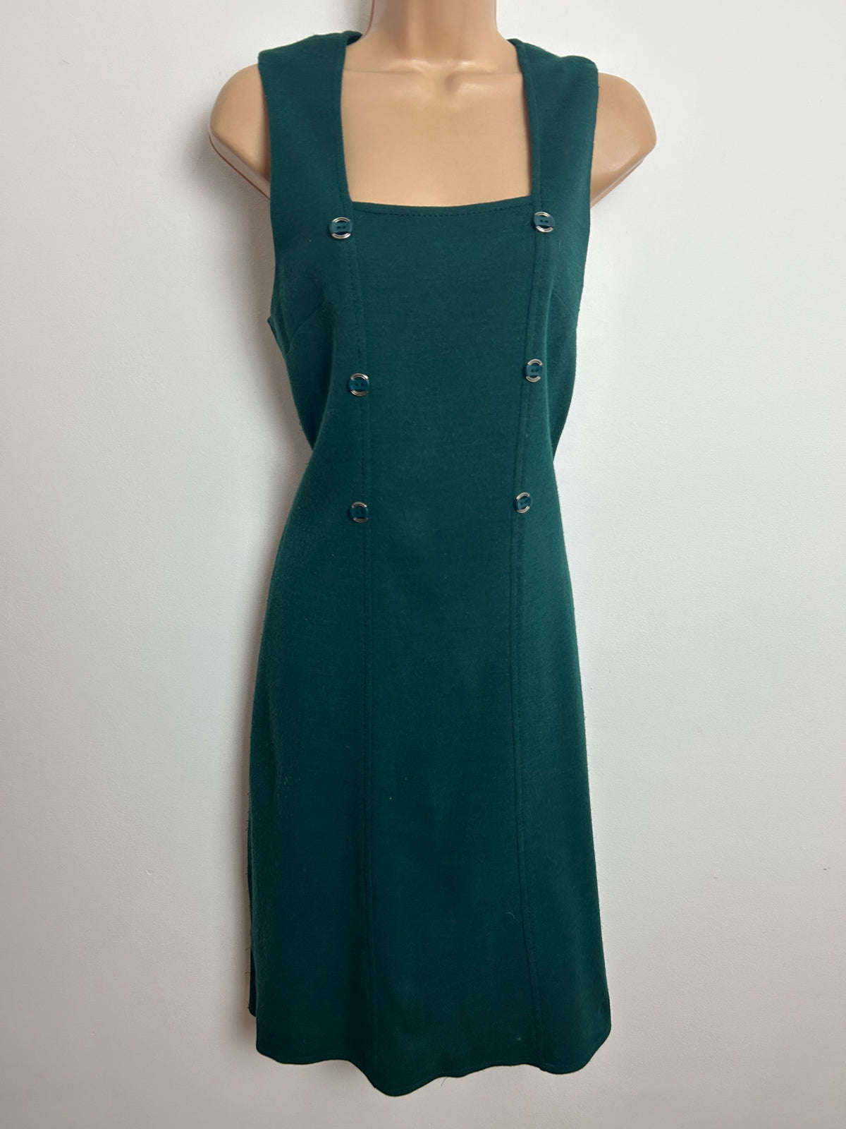 Vintage 1960s Size 10 Teal Green Wool Mix Sleeveless Button Detail Mod Shift Dress