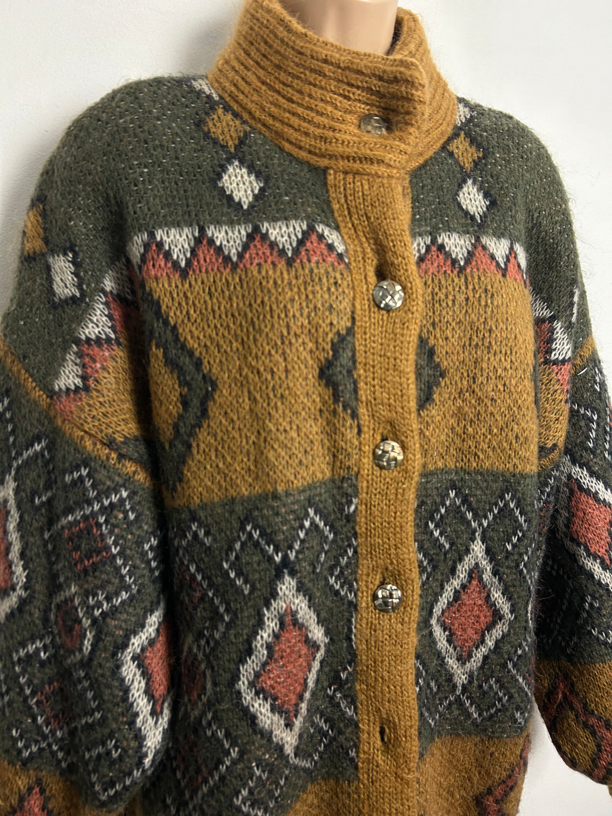 Vintage 1980s One Size Up To Size 16/18 Oversized Tan Brown & Dark Green Abstract Pattern Chunky Lined Coatigan