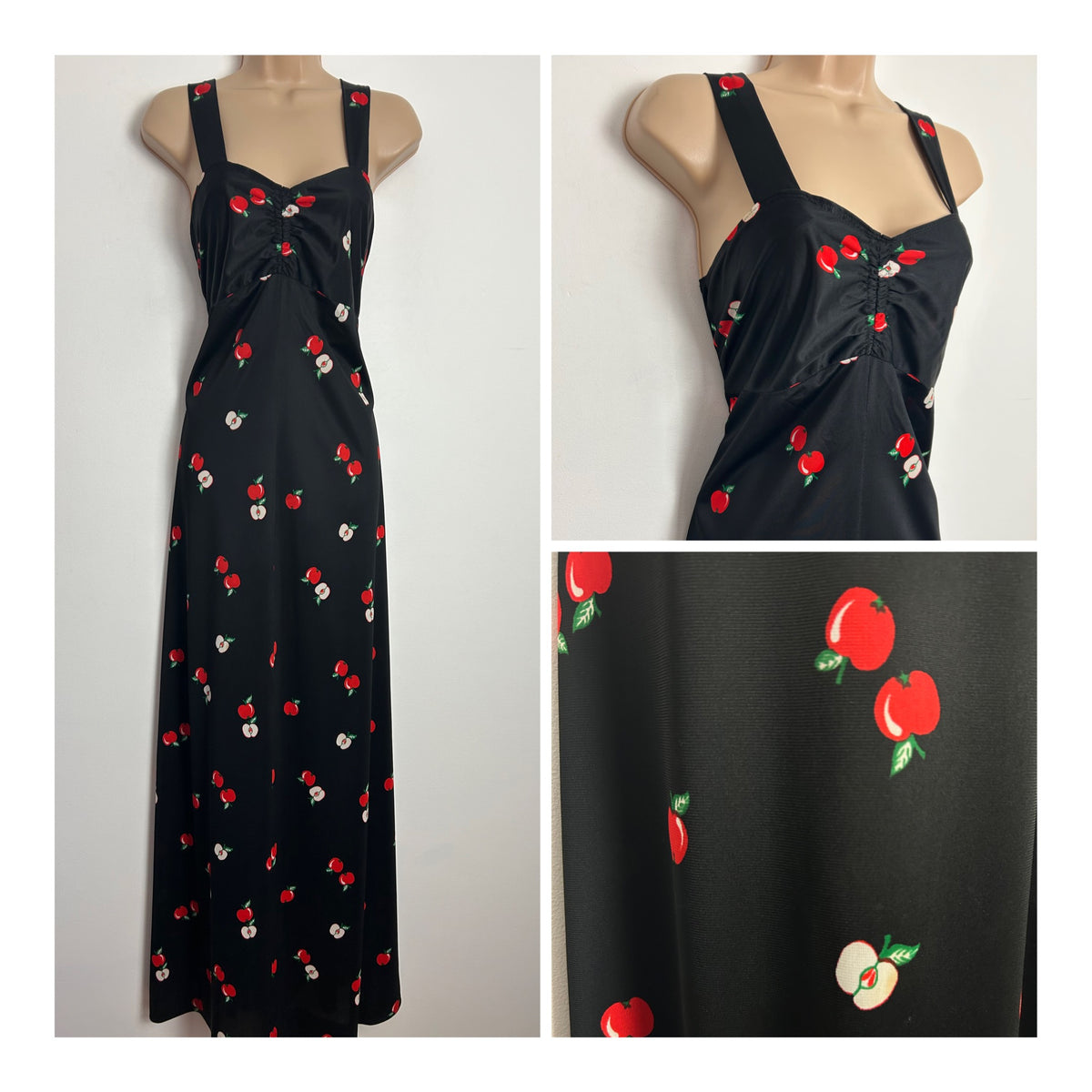 Vintage 1970s Size 10 Cute Black & Red Apple Print Strappy Maxi Dress