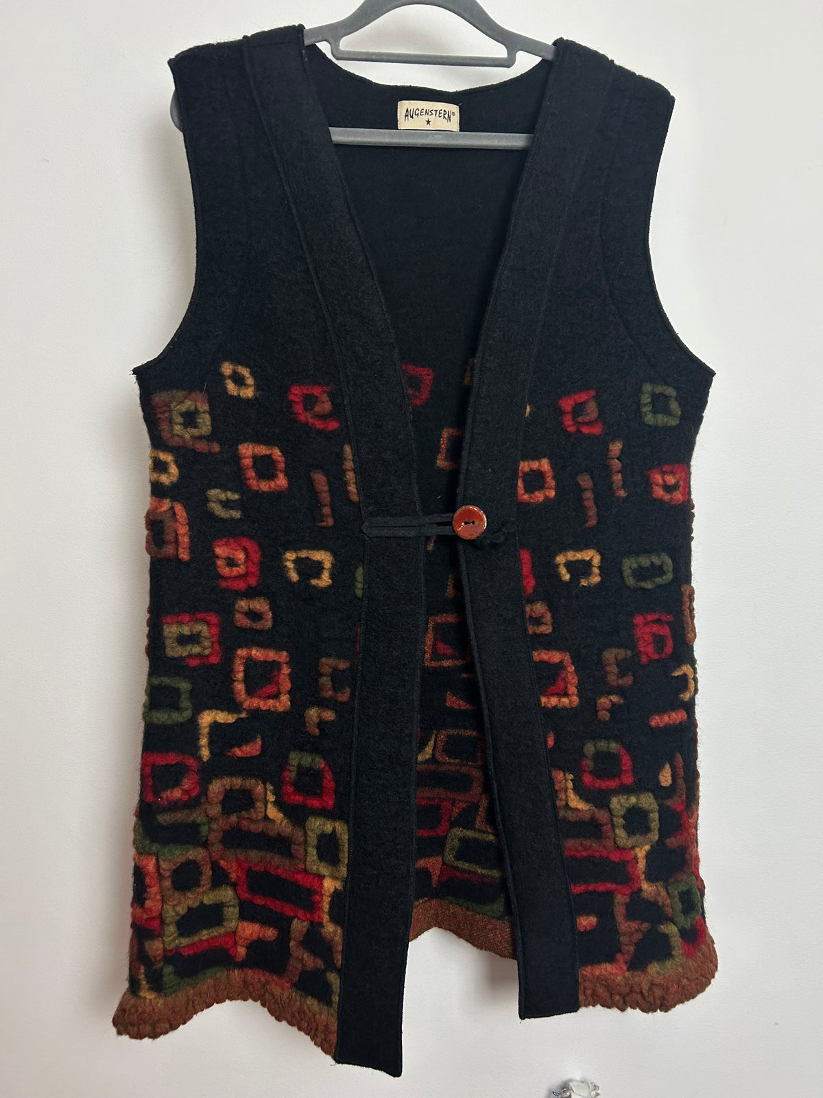 Vintage Size 12-14 Very Dark Grey Multi Square Pattern Wool Long Length Waistcoat