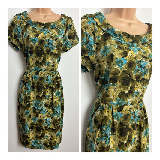 Vintage Late 1950s Early 1960s Size 10 Green & Blue Tones Floral Print Wiggle Dress