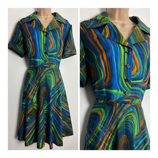 Vintage Late 1960s UK Size 14 Blue Green & Orange Stripe Print Short Sleeve Fit & Flare Dress