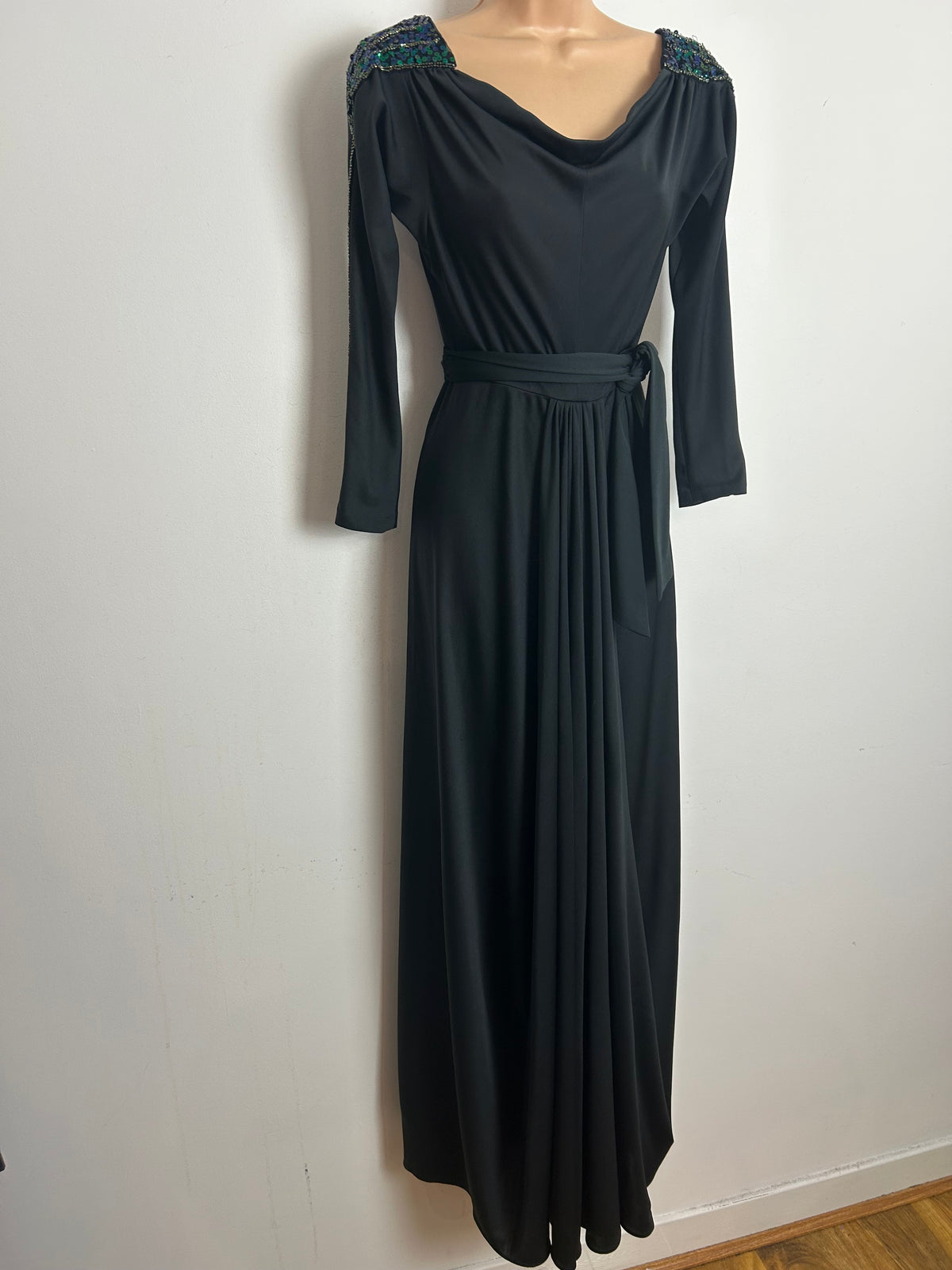 Vintage 1970s FRANK USHER Size 10 Black Bead & Sequin Detail Long Sleeve Belted Evening Maxi Dress