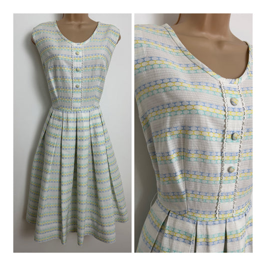Vintage Late 1950s Early 1960s Size 8 White Blue Lemon & Mint Stripe Print Pleated Day Dress