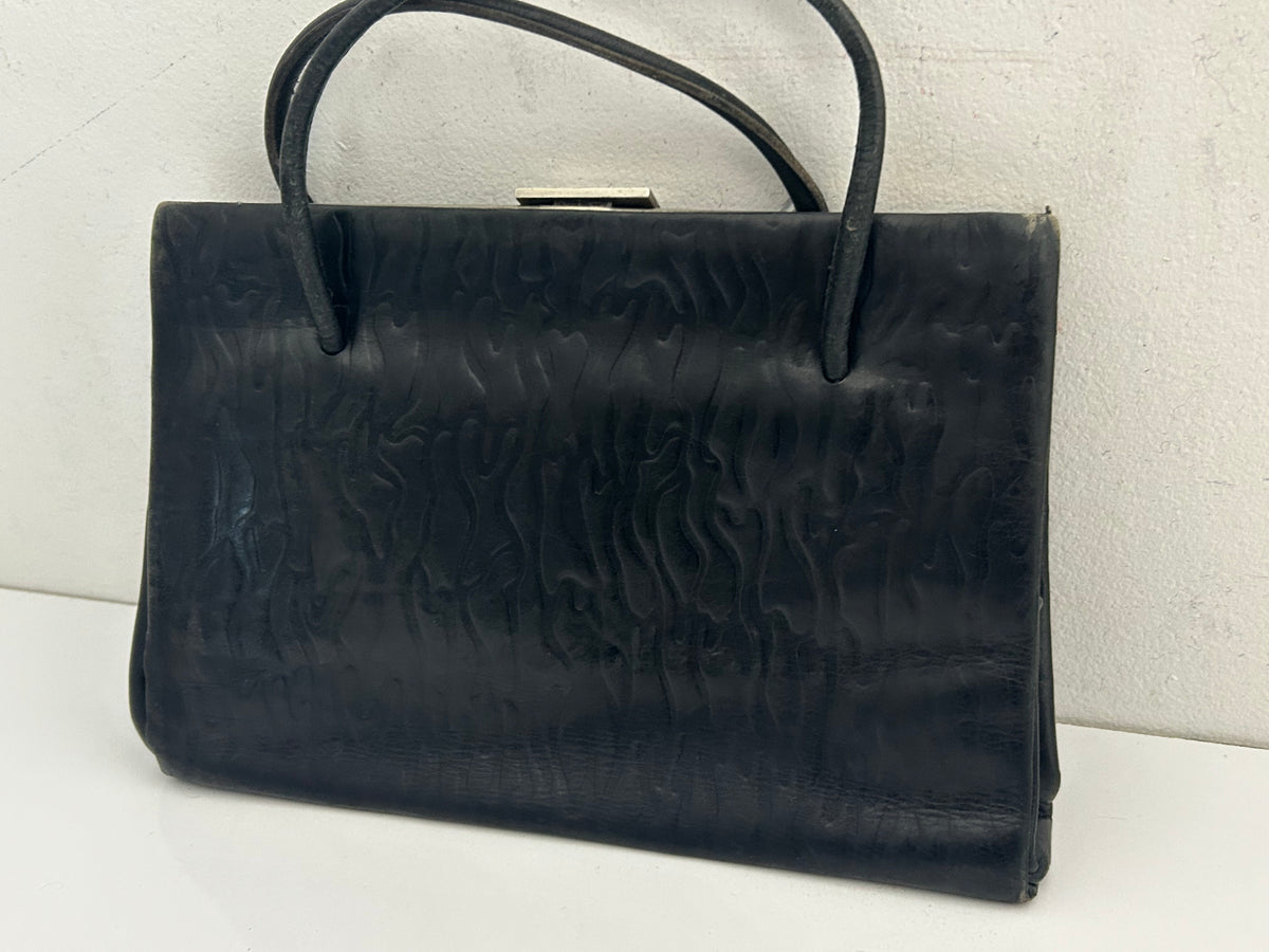 Vintage Early 1950s Small Black Embossed Kelly Style Handbag