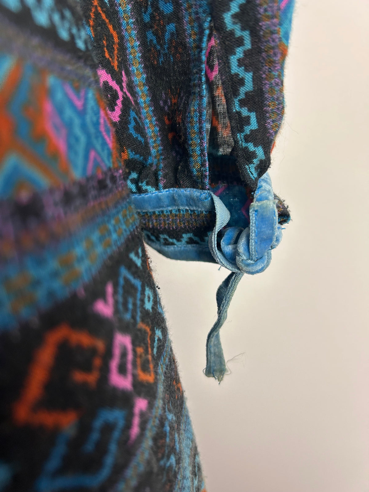 Vintage 1970s Size 8 Black Teal Rust & Pink Geo Print Velvet Ribbon Trim Belted Cotton Maxi Dress