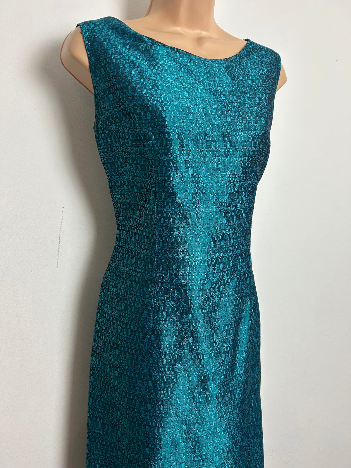 Vintage 1960s Size 12 Metallic Teal Jacquard Fitted Wiggle Party Dress Size 12
