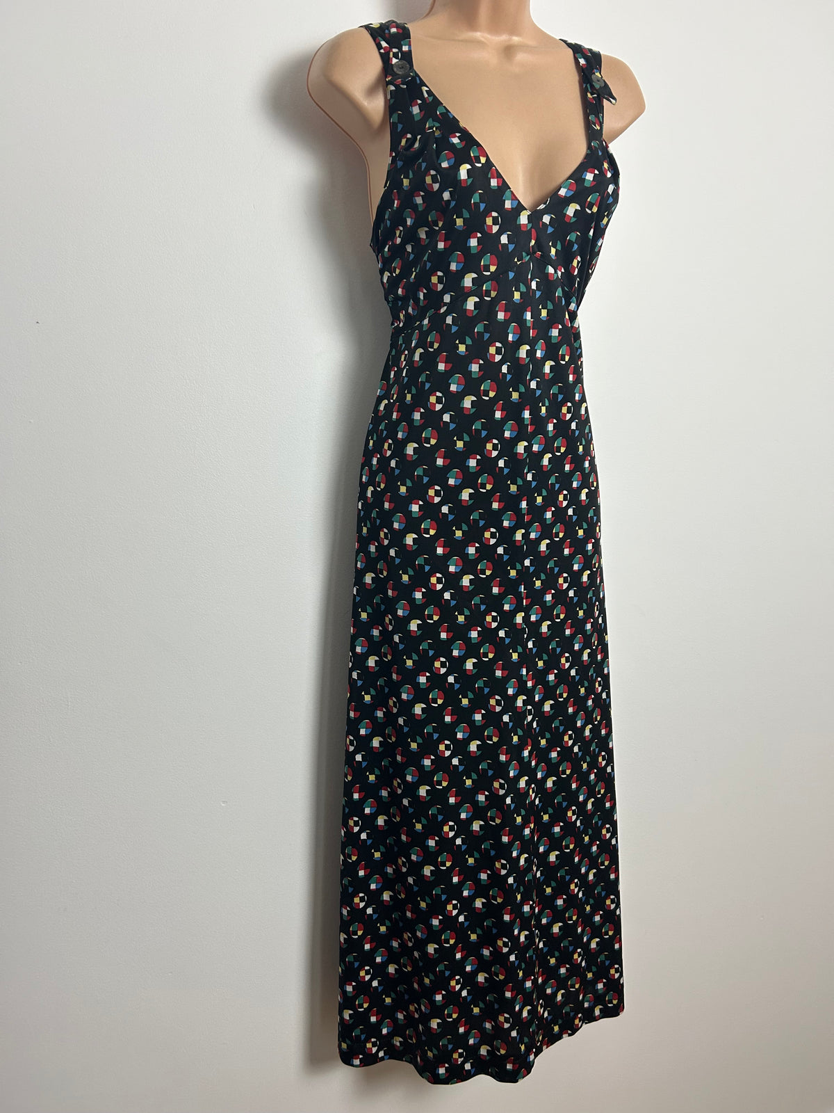 Vintage Late 1980s Early 1990s KL By KARL LAGERFELD Size 12 Black Geometric Print Cross Strap Maxi Dress