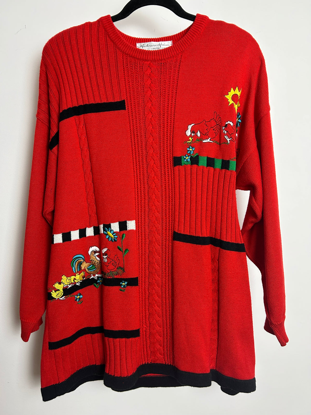 Vintage 1980s AMBROSIUS HEIM Up To Size 16 Red Cotton Mix Embroidered Chicken & Rooster Pattern Jumper