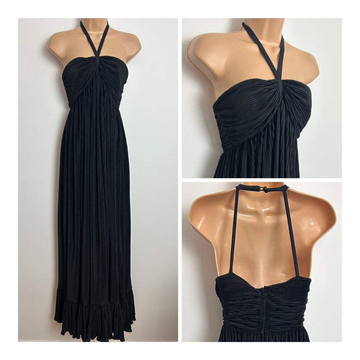 Vintage 1970s Size 8 Black Plisse Pleated Halter Open Back Empire Line Occasion Maxi Dress