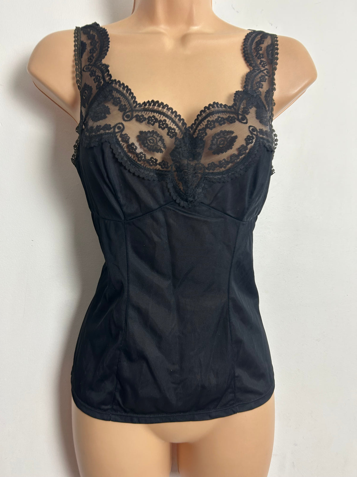 Vintage Size 10 Pretty Black Lace Detail Nylon Camisole