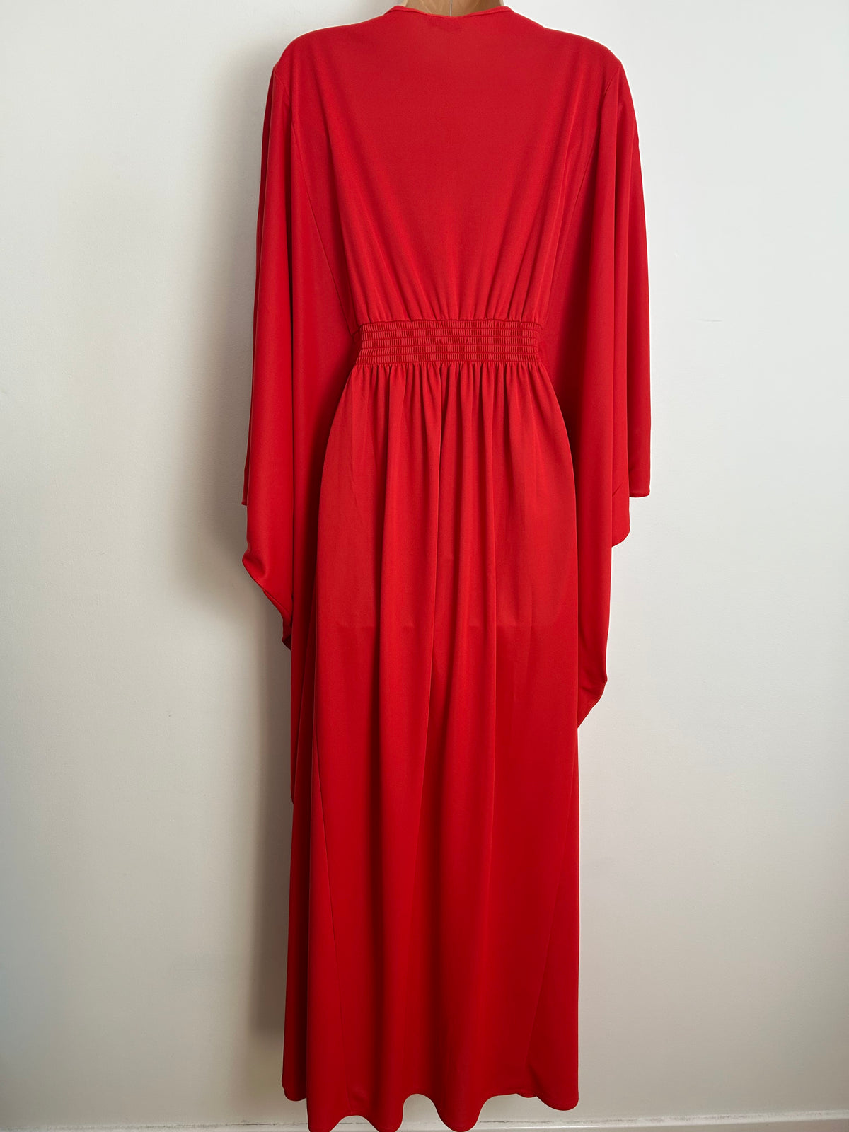 Vintage 1970s Size 8-10 Red Wide Sleeve Shirred Waist Kaftan Style Maxi Dress