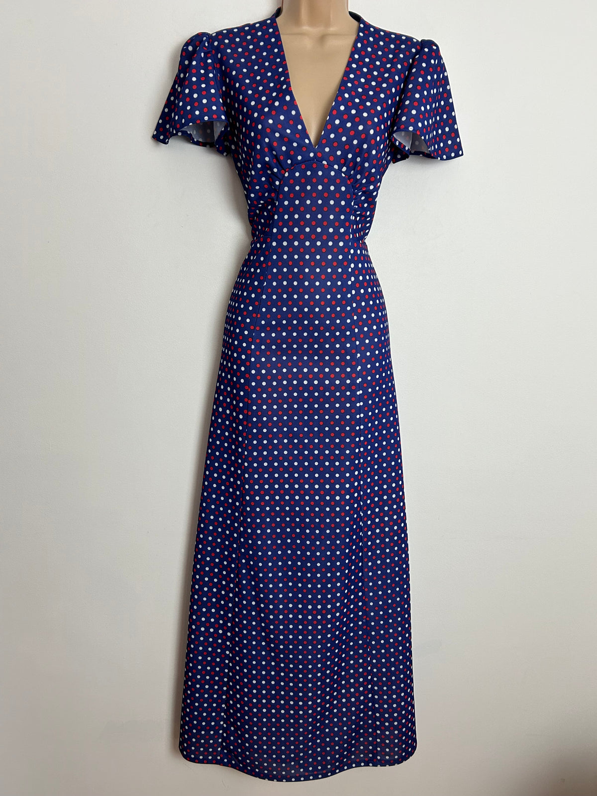 Vintage 1970s UK Size 8 Cute Blue Red & White Polka Dot Short Sleeve Maxi Dress
