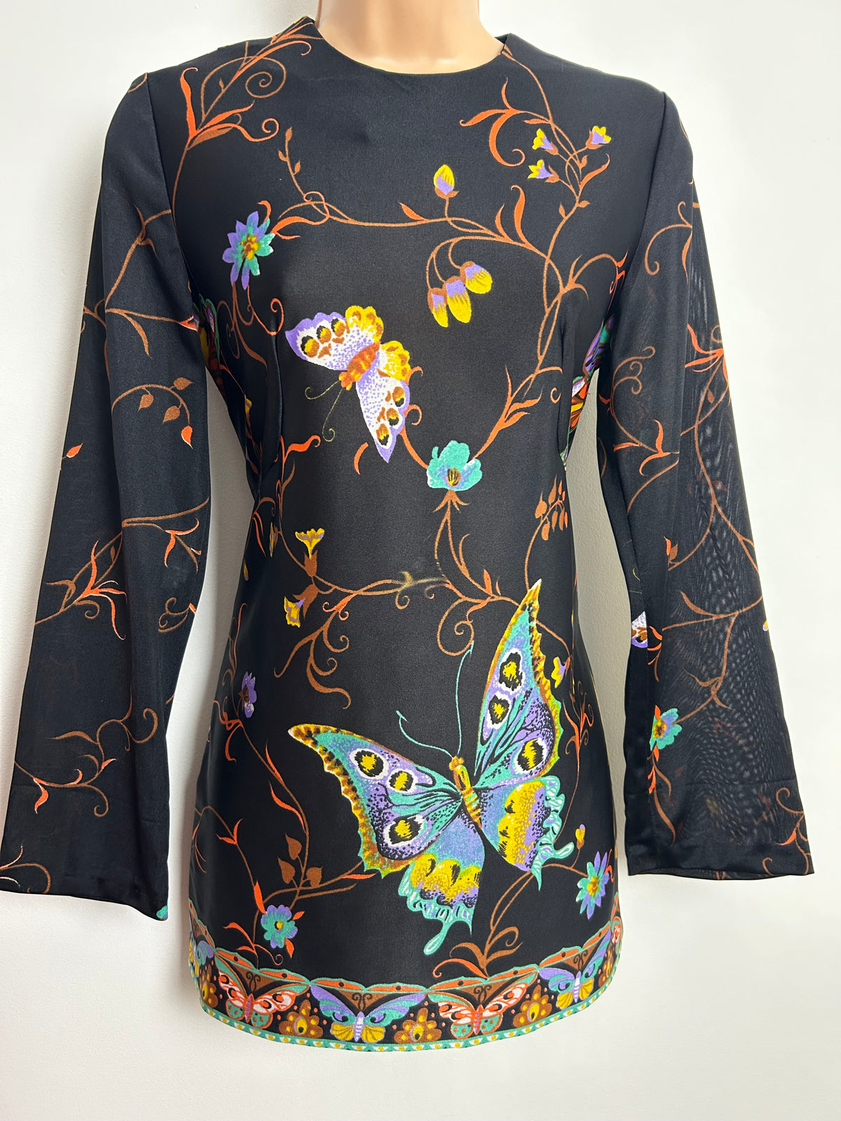 Vintage Late 1960s MODELLY Size 8-10 Black & Multicolour Butterfly Long Sleeve Tunic Style Top