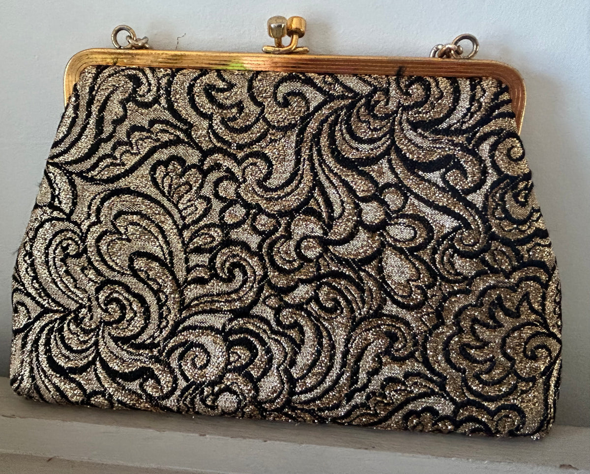 Vintage 1960s Small Black & Metallic Gold Floral Evening Bag With Chain Handle