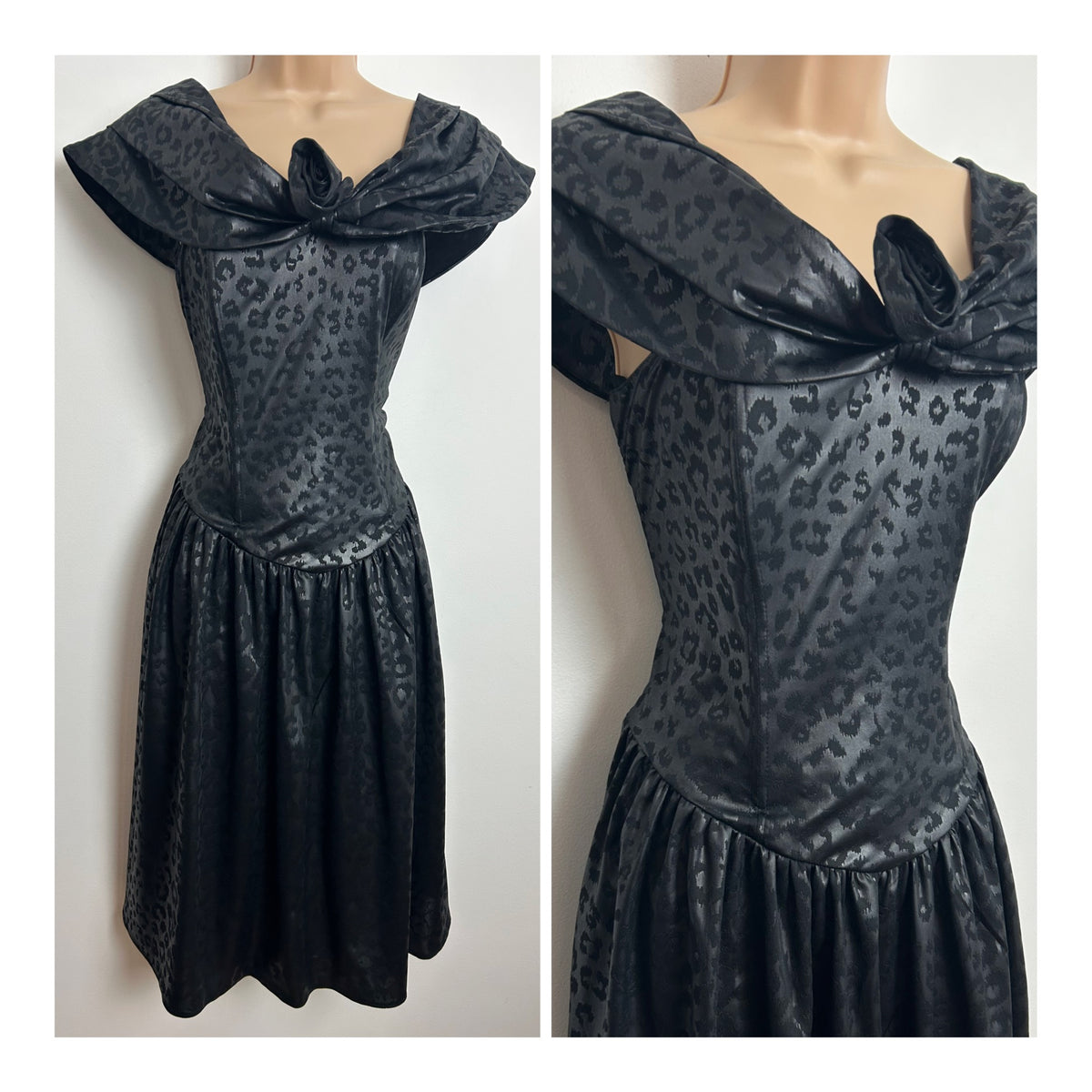 Vintage 1980s Size 10-12 Black Wet Look Animal Leopard Print Bardot Style Party Prom Dress