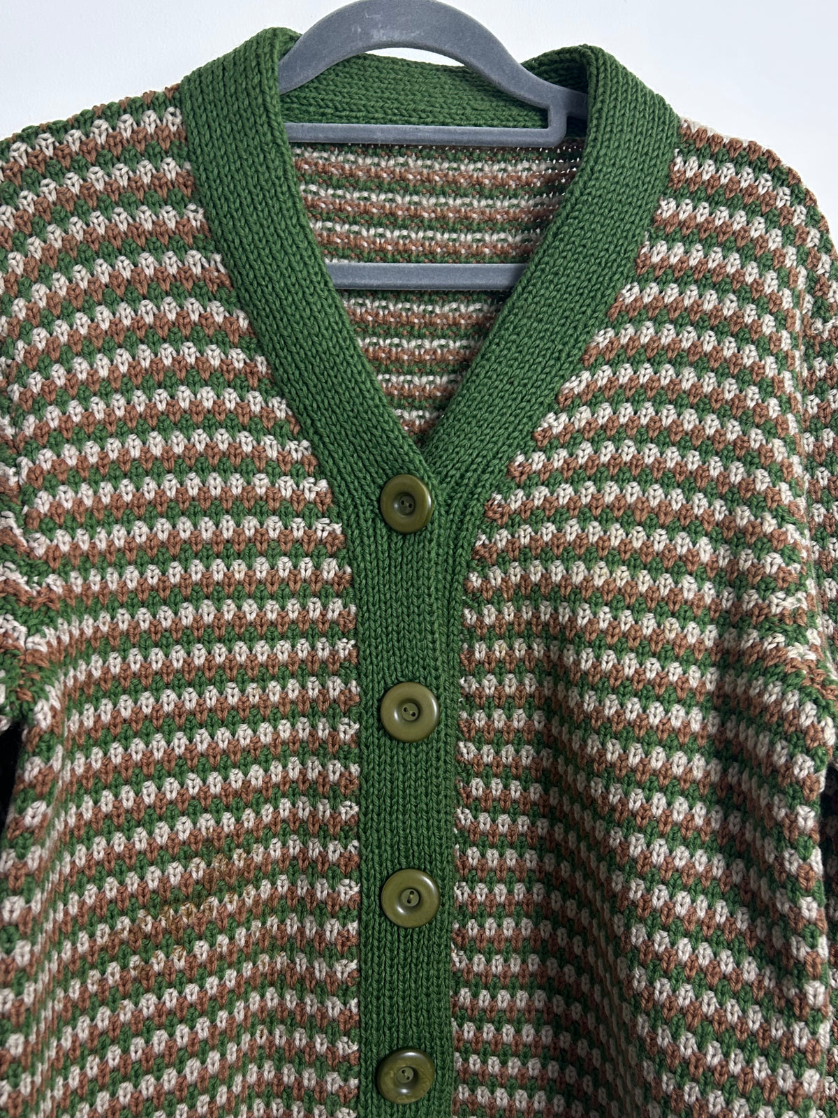 Vintage 1960s Size 10-12 Green Brown & Cream Chunky Knit Wool Cardigan
