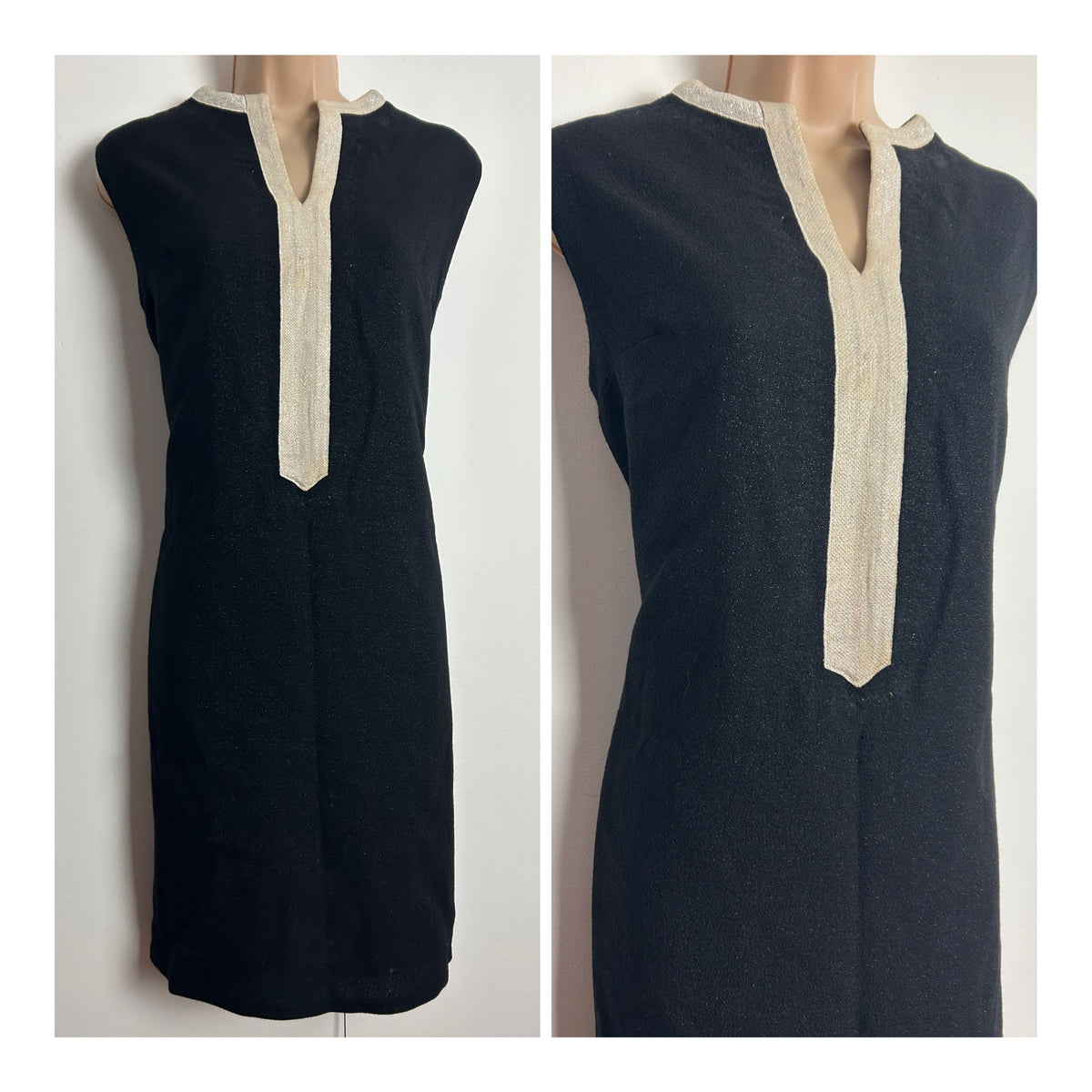 Vintage 1960s UK Size 12-14 Black Notch Neck Sleeveless Glittery Mod Shift Dress