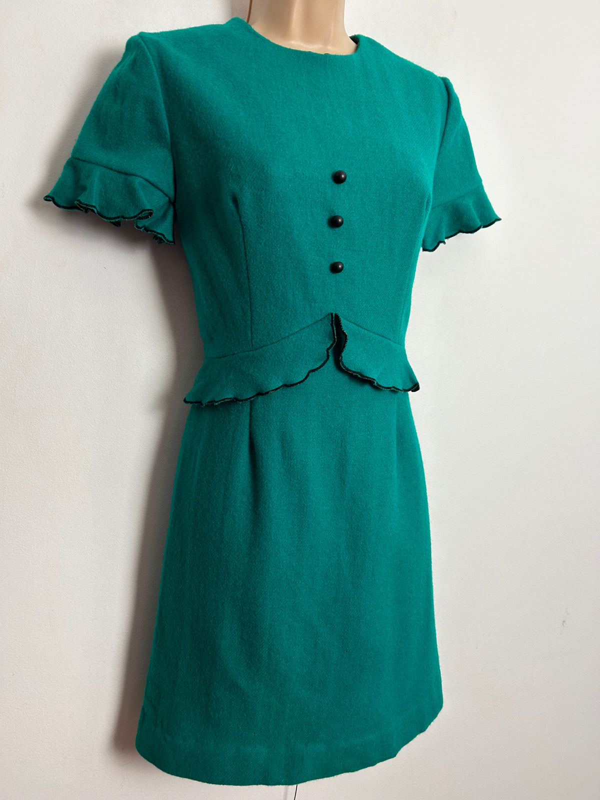 Vintage 1960s UK Size 8 Teal Green Pure Wool Peplum Fitted Mod Dress