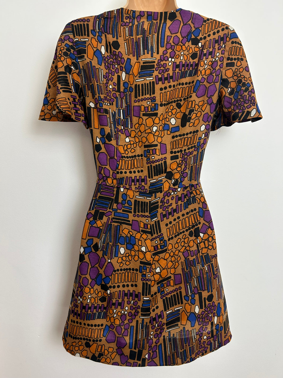 Vintage Late 1960s Size 6 Brown Purple & Blue Abstract Geo Print Mini Dress
