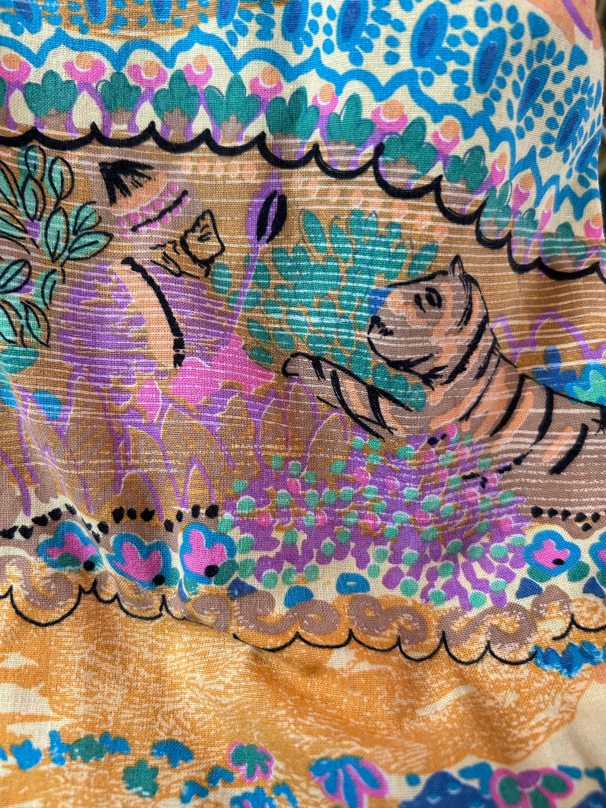 Vintage Late 1970s/Early 80s DURA Size 12 Beige Blue Pink Green & Orange Novelty Print Secret Garden Print Cotton Dress
