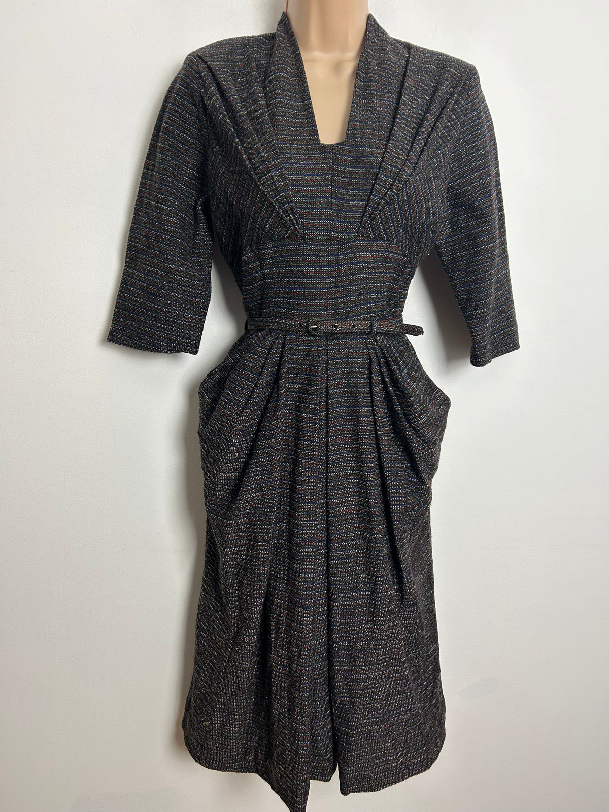 Vintage 1940s Rare BRILKIE MODELS UK Size 10 Black Mix Woven Wool Belted Pleated Wartime Era Dress