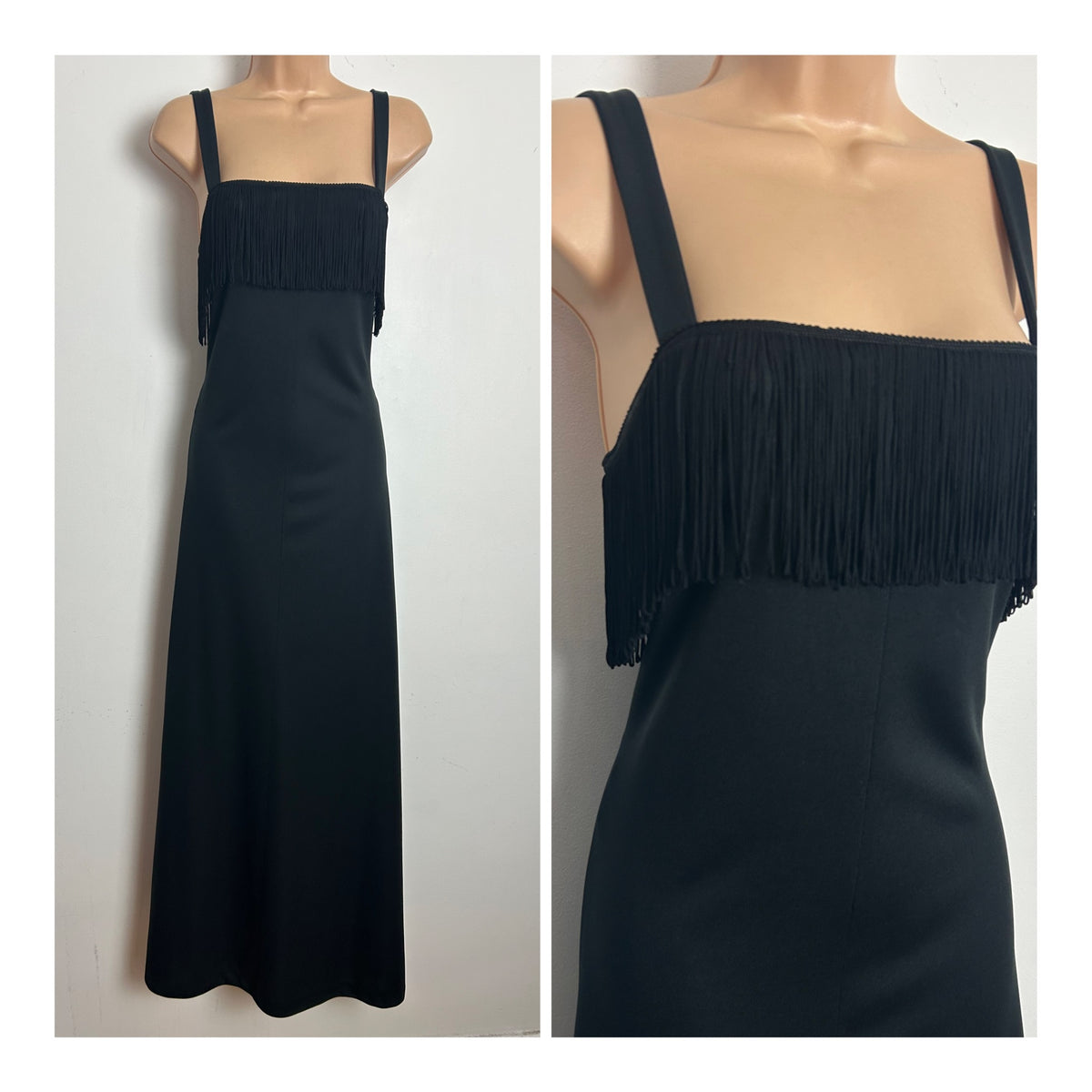 Vintage 1970s Size 8 Black Fringe Tassel Detail Evening Maxi Dress