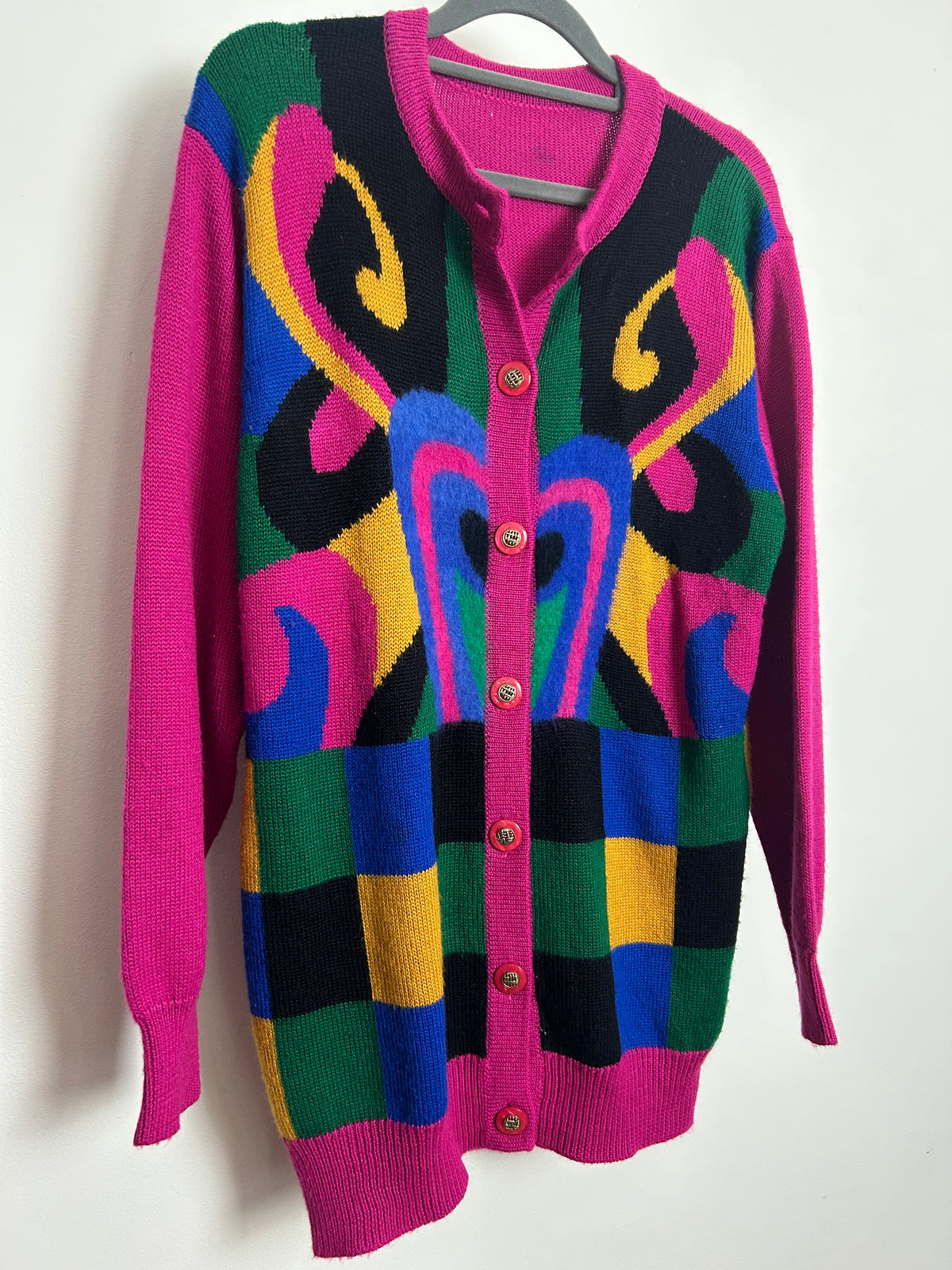 Vintage 1980s Up To Size 12 Pink Mustard Blue Green & Black Abstract Print Wool Mix Cardigan