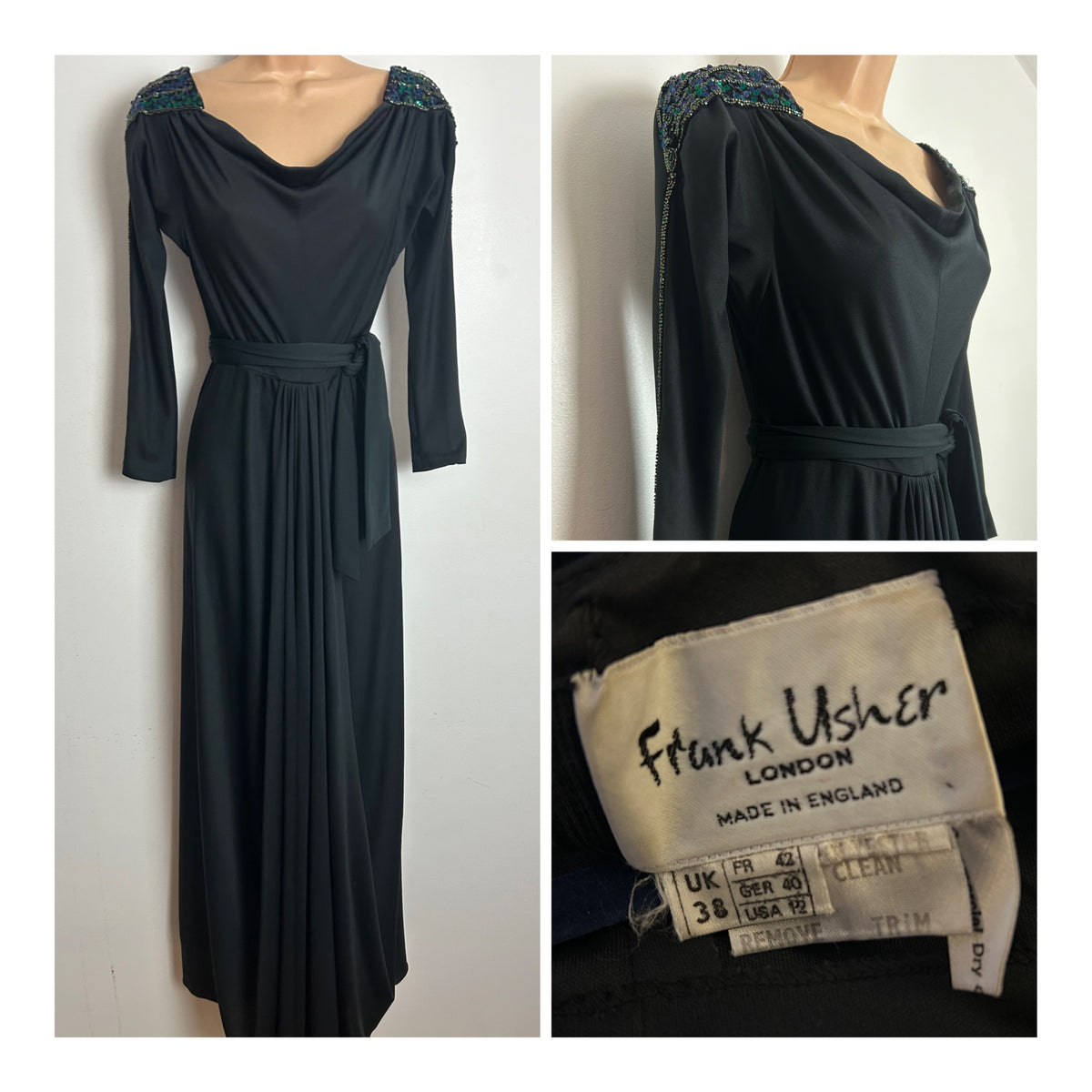 Vintage 1970s FRANK USHER Size 10 Black Bead & Sequin Detail Long Sleeve Belted Evening Maxi Dress