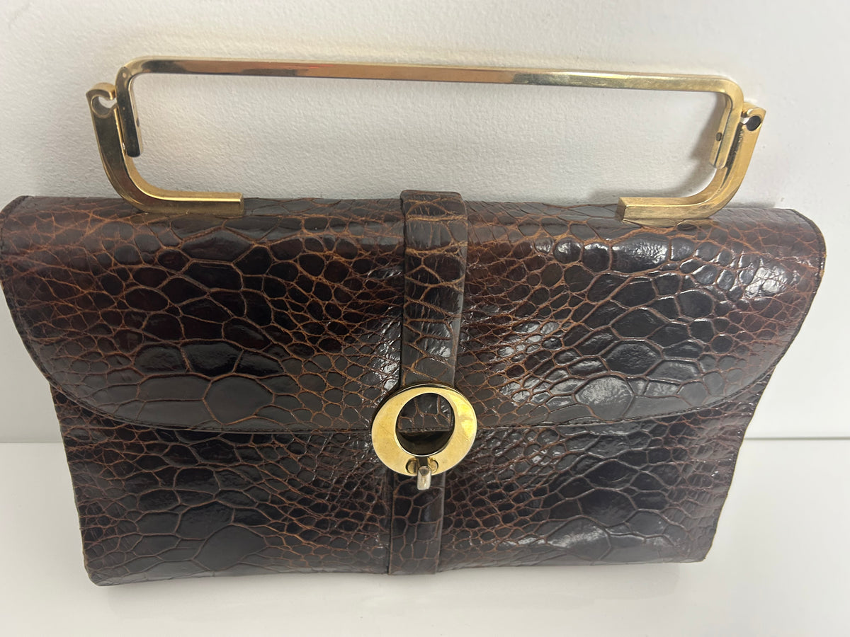 Vintage 1960s Gorgeous Mexican OTTO BULER G Brown Turtle Skin Gold Handle Handbag