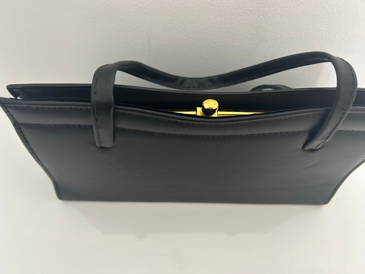Vintage 1960s Black Faux Leather Lovely Shape Kelly Style Handbag