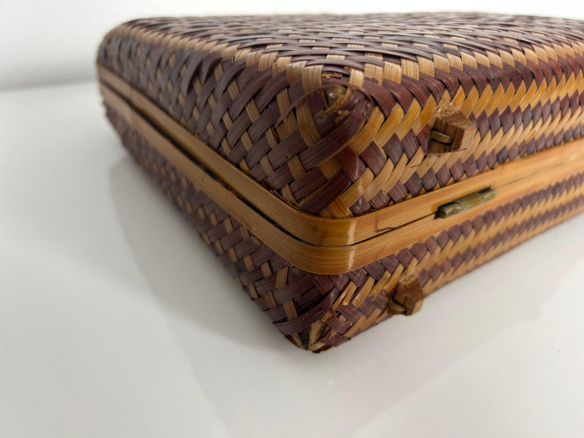 Vintage 1950s Peoples Republic Of China Brown & Tan Wicker Woven Box Style Handbag