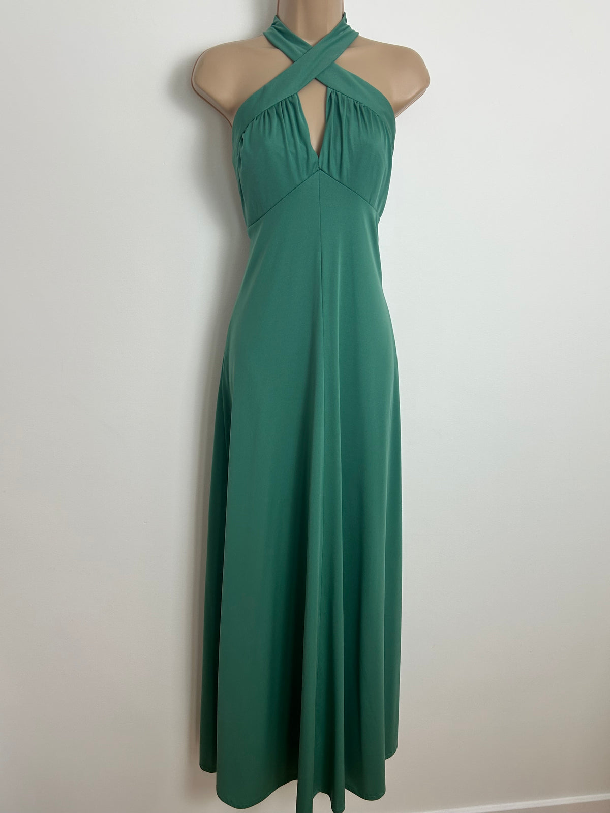 Vintage 1970s PENNY MIST Size 10-12 Green Cross Strap Halterneck Maxi Dress