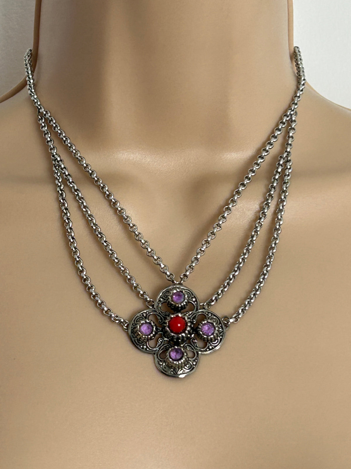Vintage Silver Tone Base Metal Lilac & Red Stone Set Triple Chain Scottish Celtic Style Necklace