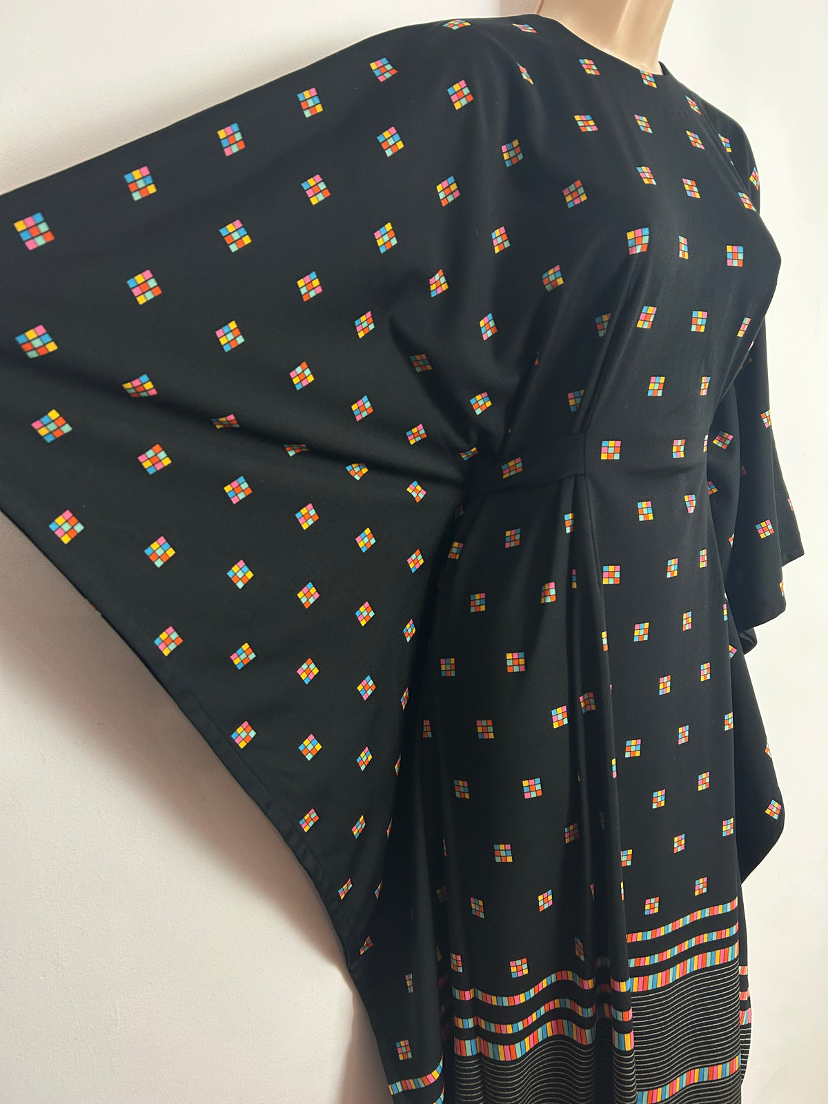 Vintage 1970s Up To Size 14 Black Multicolour Check Square Print Wide Sleeve Belted Kaftan Maxi Dress