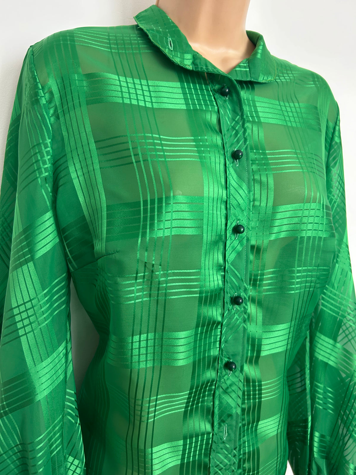Vintage Early 1980s Size 14 Emerald Green Check Pattern Long Sleeve Shirt