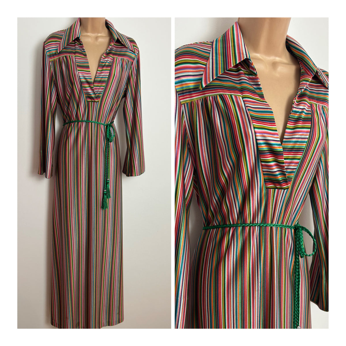 Vintage 1970s Up To Size 16 ST MICHAEL Green Pink Red Yellow Stripe Print Dagger Collar Kaftan Maxi Dress
